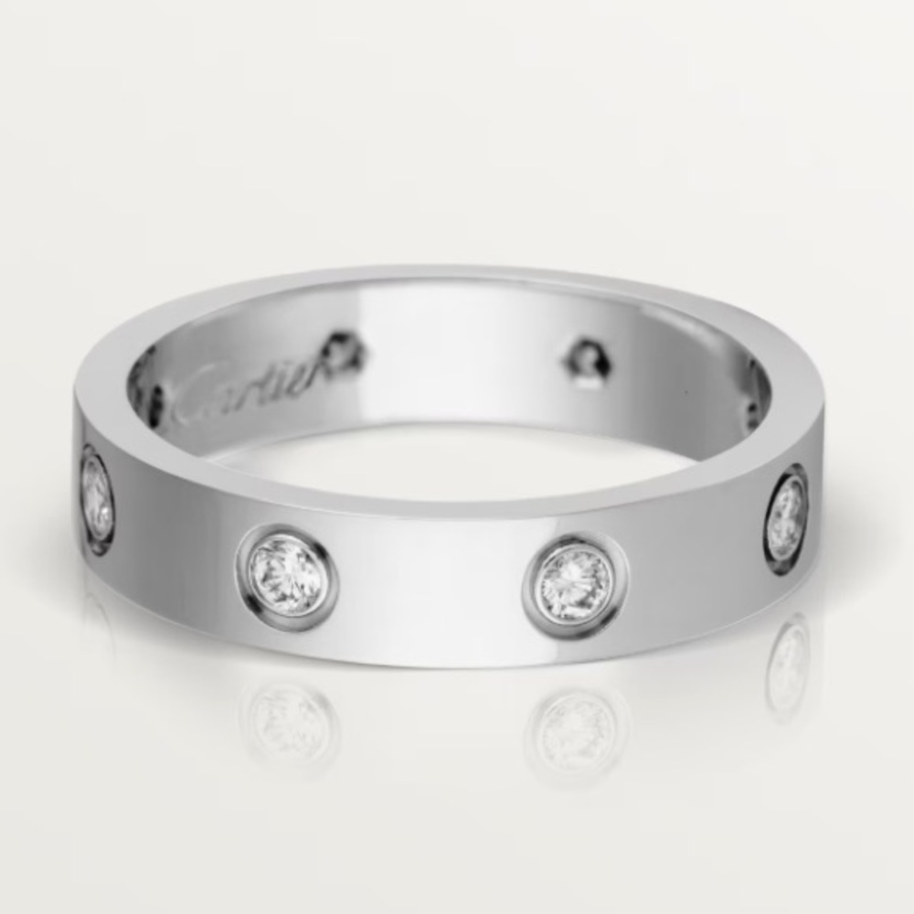 Auth $4500 CARTIER 8-Diamond LOVE Wedding Band Ring 18K White Gold Size 55 /7.25